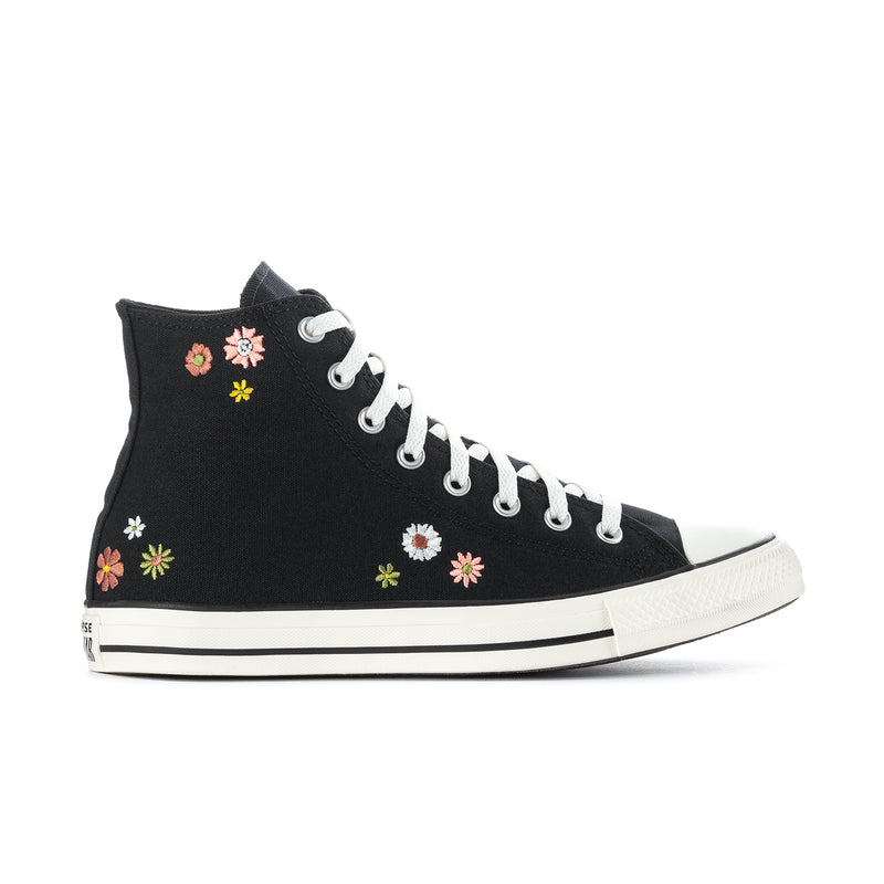Black high-top canvas sneaker with colorful floral embroidery, lace-up front, white sole