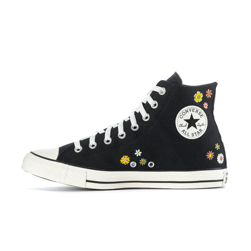 Black high-top sneaker with embroidered flowers and circular Converse All Star side logo