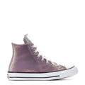 Youth lilac glitter high-top sneakers with white laces and black-and-white sole