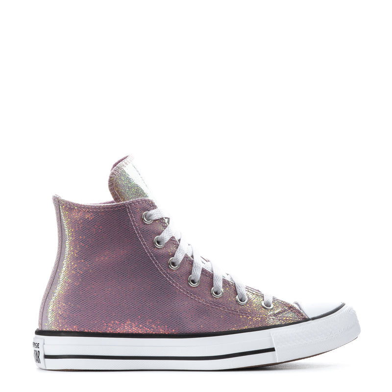Youth lilac glitter high-top sneakers with white laces and black-and-white sole