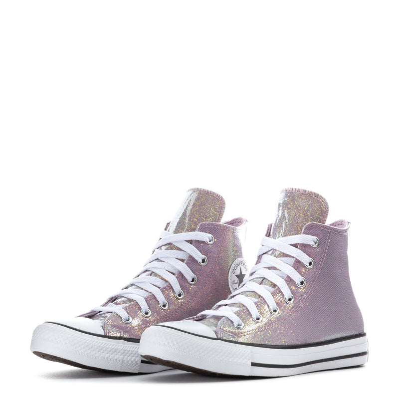 Youth lilac glitter high-top sneakers with white rubber sole and lace-up front