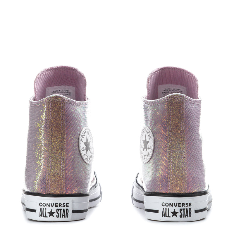 Youth lilac glitter high-top sneakers with heel patch and white Converse All Star branding
