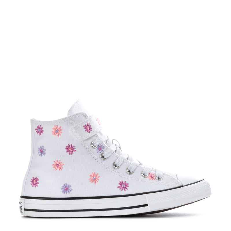 Kids white high-top sneakers with pink and purple flower print, lace-up, rubber sole