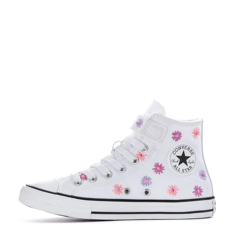 Kids white high-top sneakers with flower print, Converse All Star side patch, lace-up