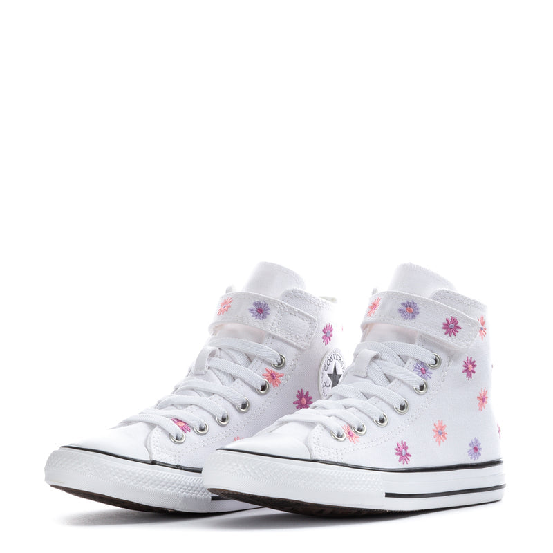 Pair of kids white high-top sneakers with flower print, white laces, rubber sole