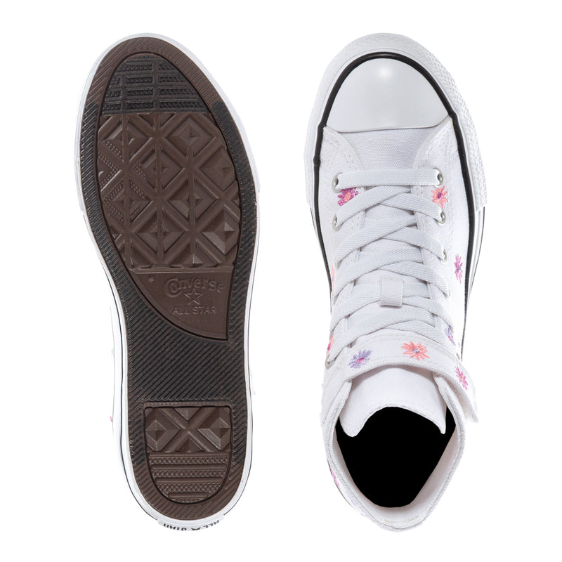 Kids high-top sneakers showing tread sole and white upper with flower-printed laces