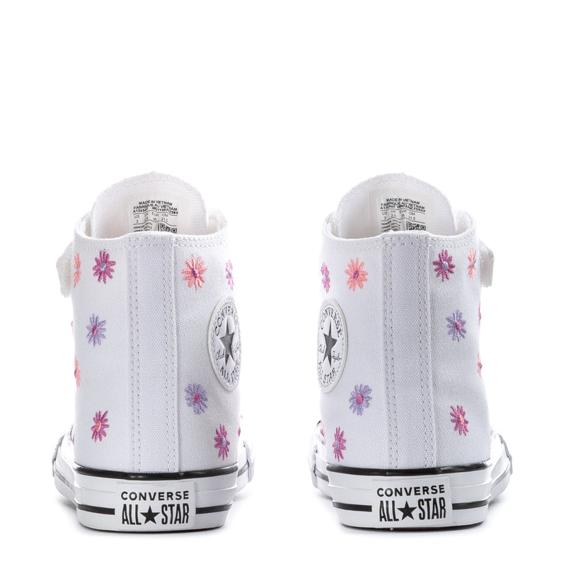 Kids white high-top sneakers with flower print, Converse All Star heel label, pair