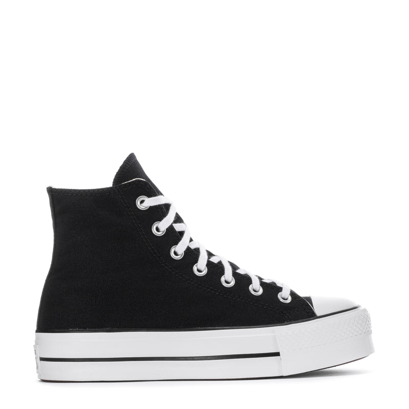 Women's black high-top platform sneaker with white laces and rubber sole