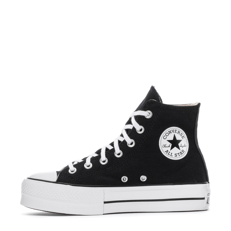 Women's black high-top platform sneaker with Converse All Star patch and white laces