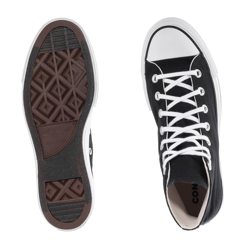 Women's black high-top platform sneaker outsole and interior lining, Converse label