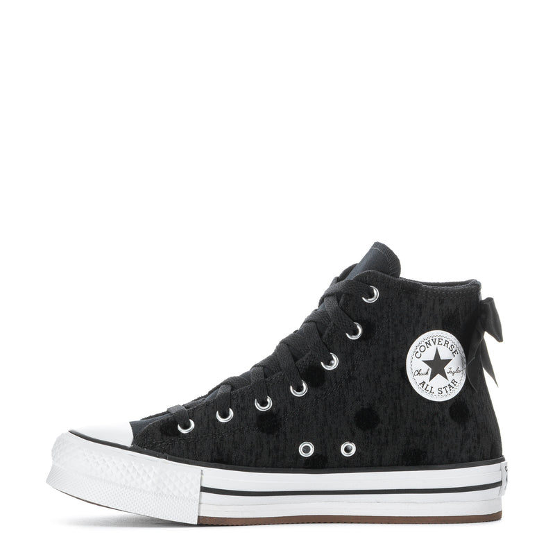 Youth black high-top platform sneakers with bows and Converse All Star side patch