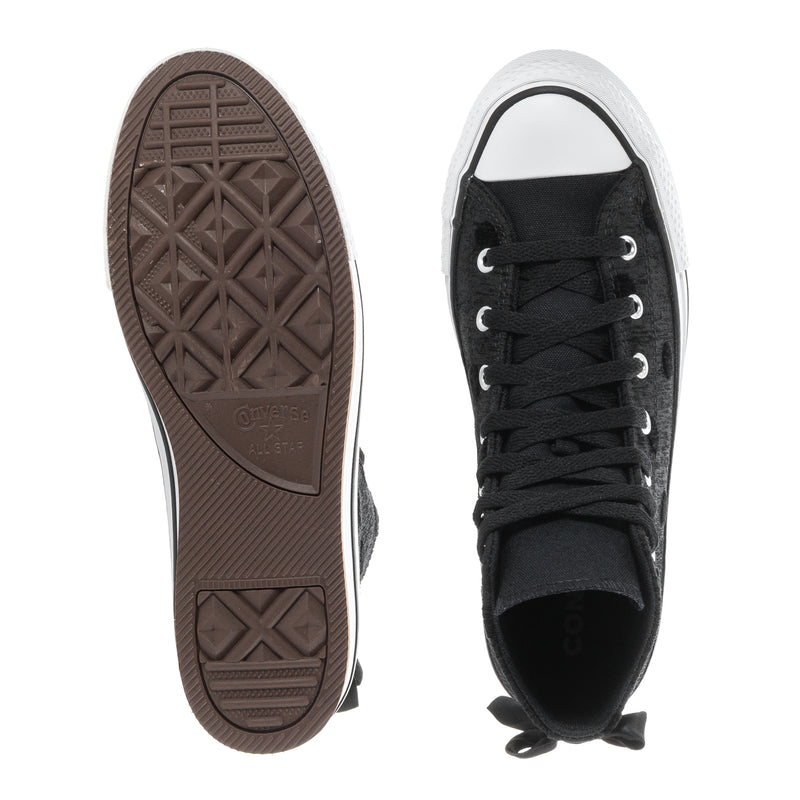Youth black high-top platform sneakers showing white outsole and laced black upper