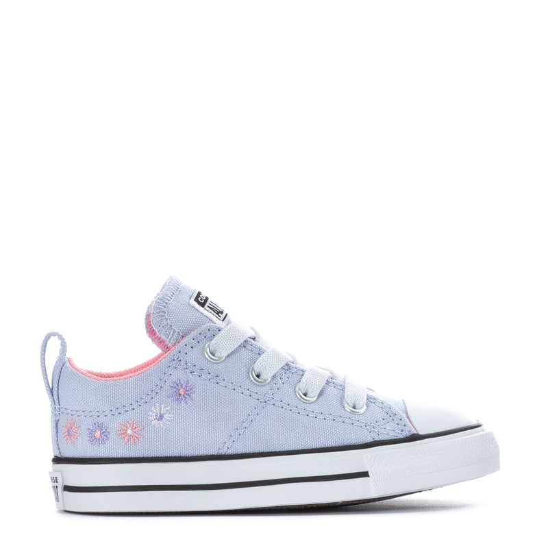 Light blue toddler low-top canvas sneakers with white rubber toe and pink accents