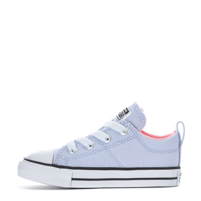 Light blue toddler low-top sneakers, lace-up front view with white midsole and pink trim