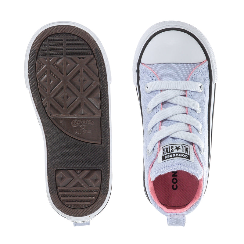 Toddler low-top sneaker soles and toe, light blue upper with pink-lined collar