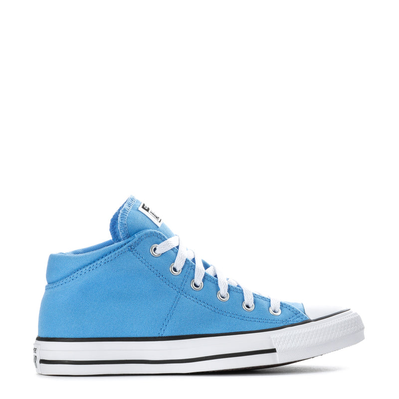 Light blue youth high-top sneakers with white laces, side eyelets, and black stripe