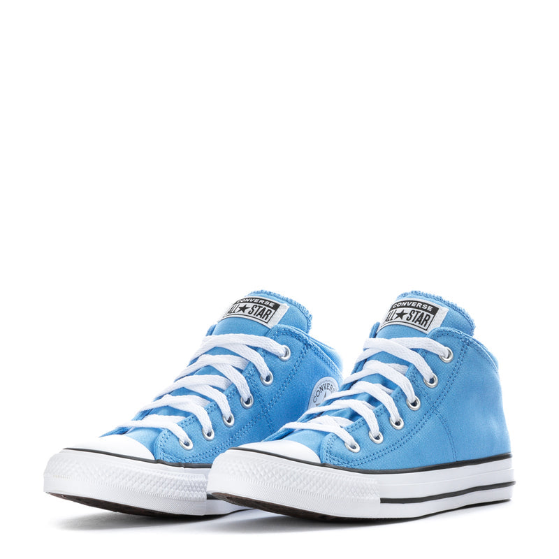 Pair of light blue youth high-top sneakers with white laces and round toe cap