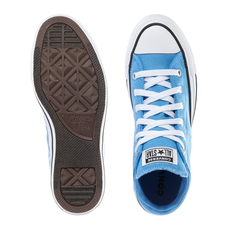 Youth high-top sneaker outsole and heel with light blue upper, white midsole