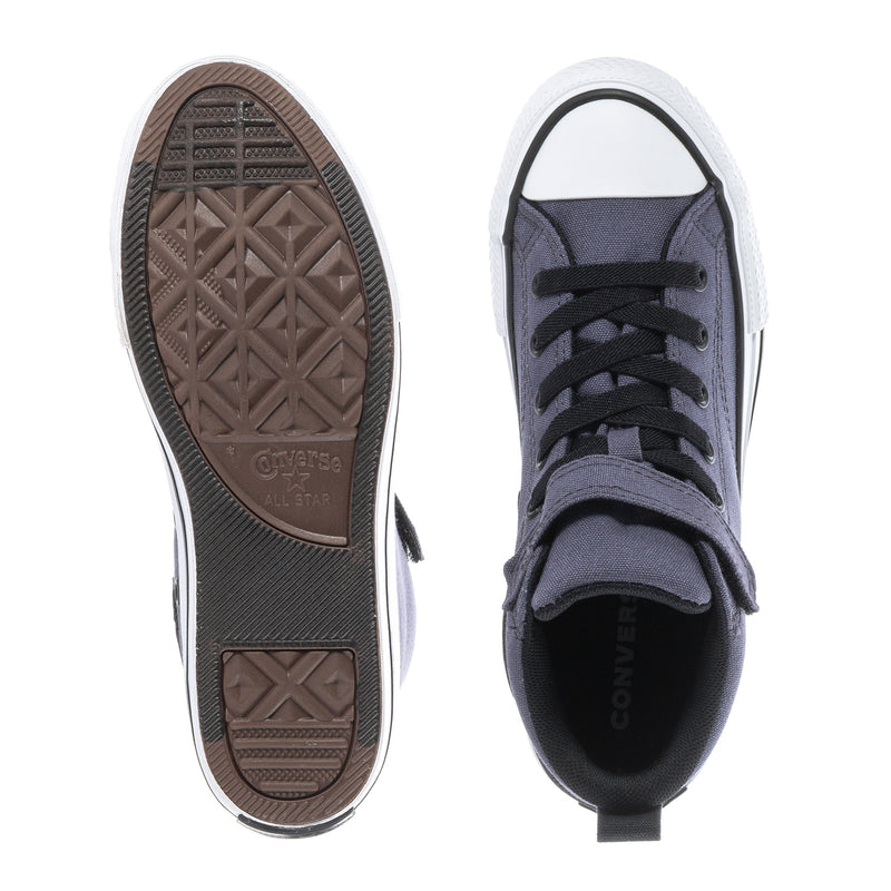 Kids Chuck Taylor high-top sneaker view of outsole and laces, dark blue canvas