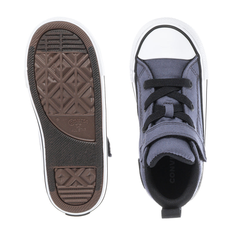 Chuck Taylor All Star toddler high-top sneakers outsole and heel view, dark blue upper