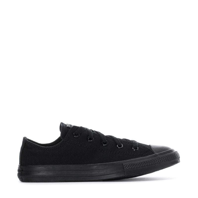 Kids black monochrome low-top sneakers with lace-up canvas and rubber toe cap
