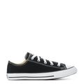 Kids black low-top sneakers with white rubber sole, lace-up front, canvas upper