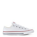 Kids white canvas low-top sneakers with red and navy stripe accents and lace-up front