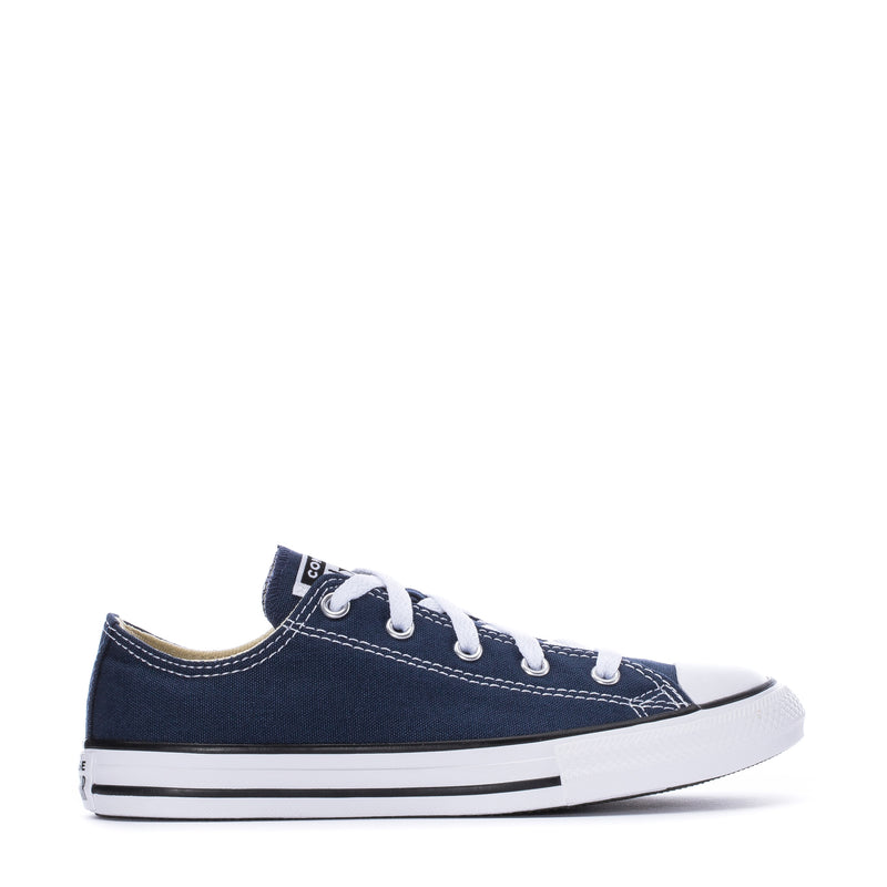Kids' navy low-top canvas sneakers with white laces and striped toe cap