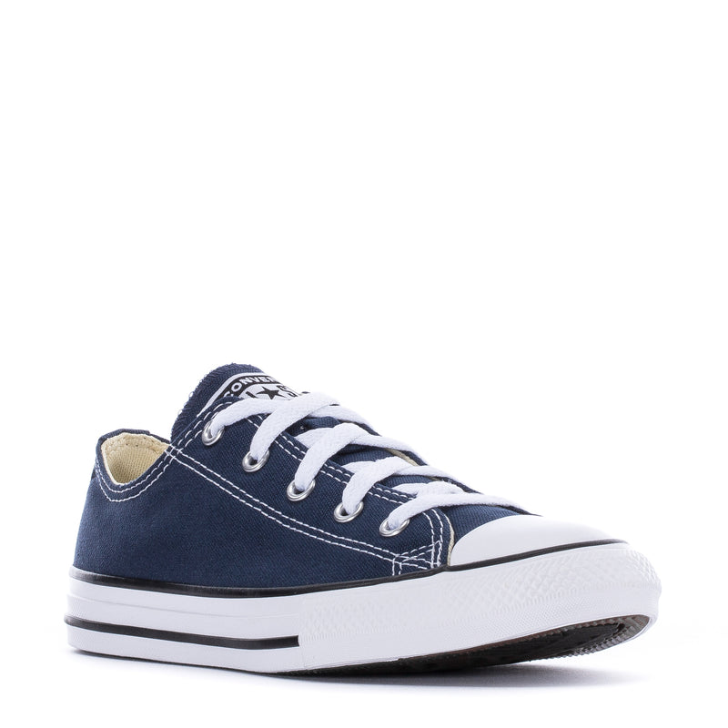Kids' navy low-top canvas sneakers with white laces and rubber bumper