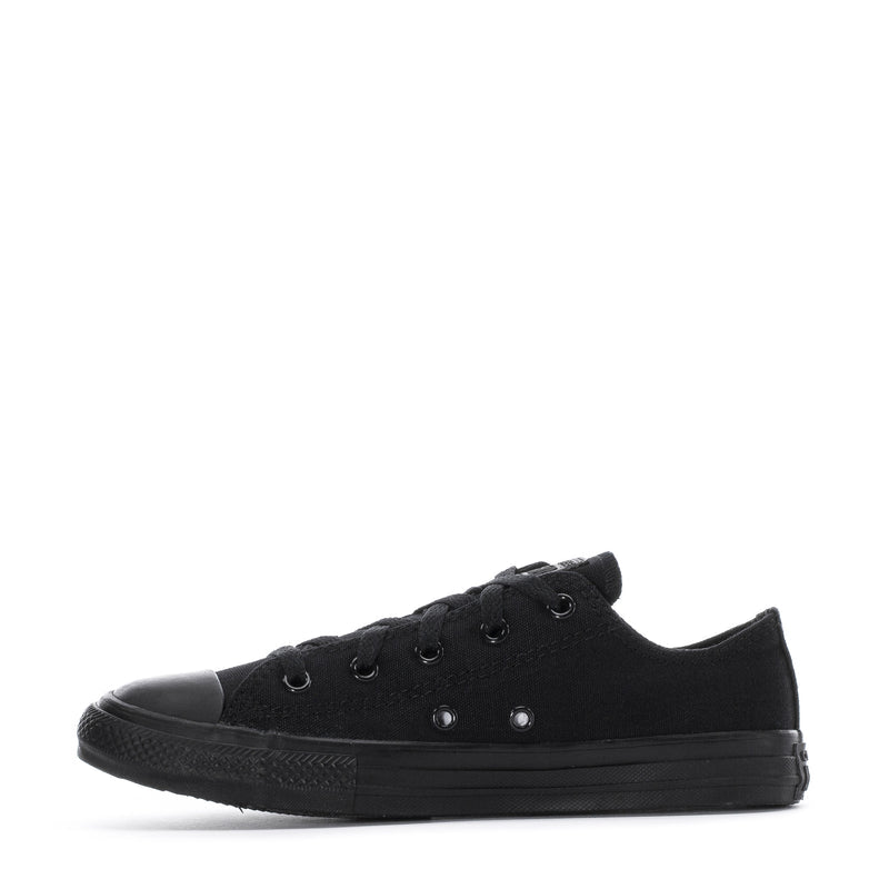 Kids black monochrome low-top sneakers with lace-up eyelets and rubber toe cap