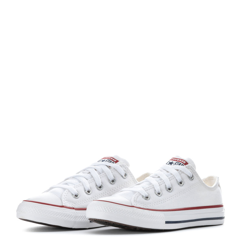 Pair of kids white canvas low-top sneakers with laces and red/navy side stripe detail