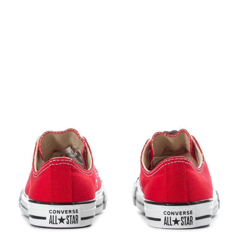 Kids red low-top sneakers back view with Converse All Star heel print and rubber sole