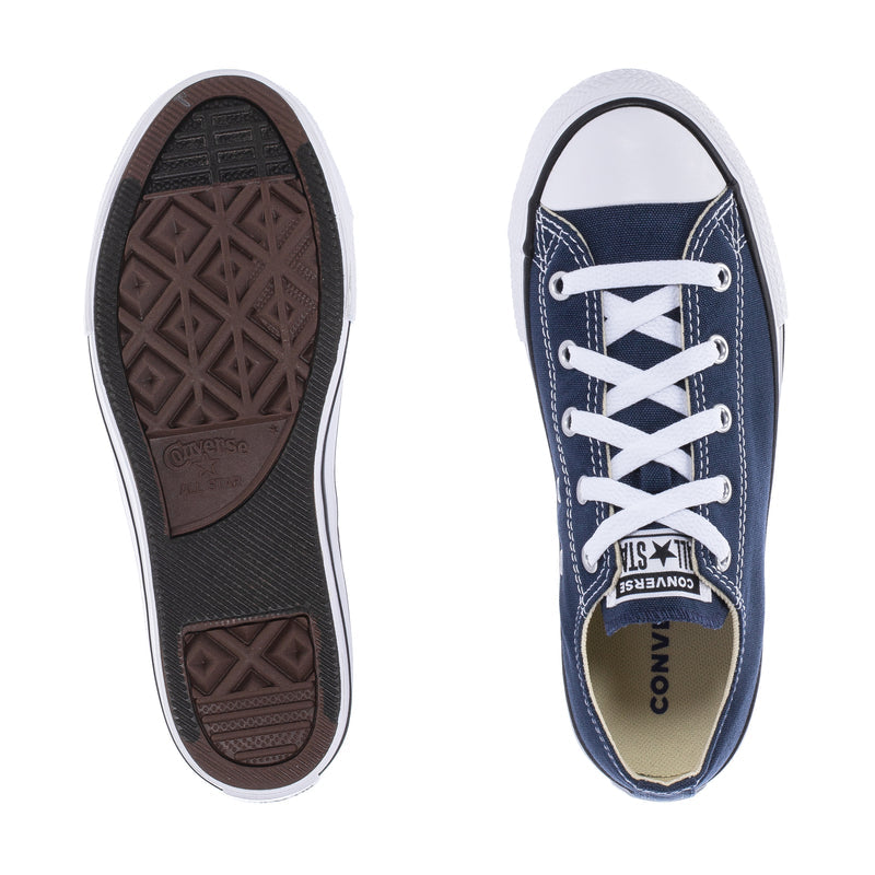 Kids' navy low-top canvas sneakers—outsole and inner tag view