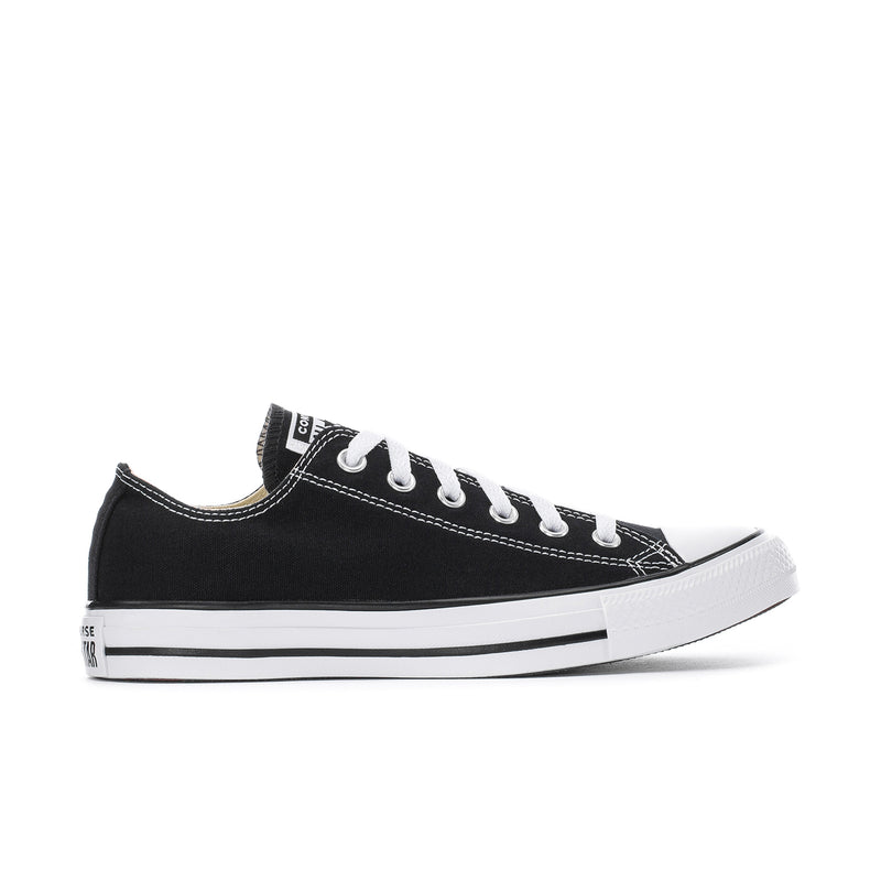 Men's black canvas low-top sneakers with white sidewall stripes and laces