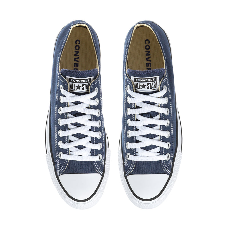 Men's navy canvas low-top sneakers with Converse All Star tongue patch and white laces