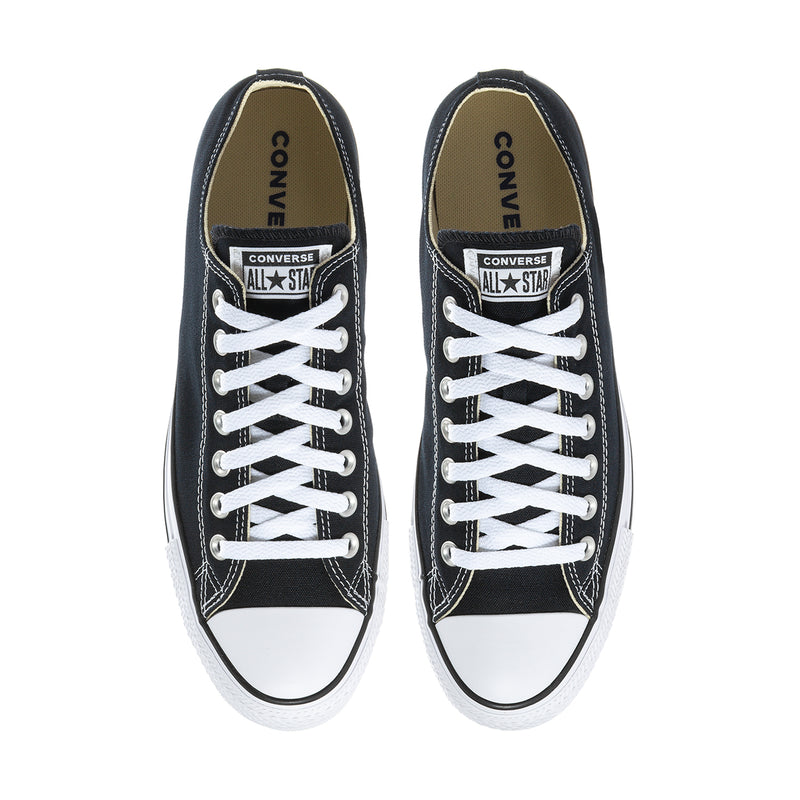 Men's black low-top sneakers with white laces and Converse All Star tongue patch