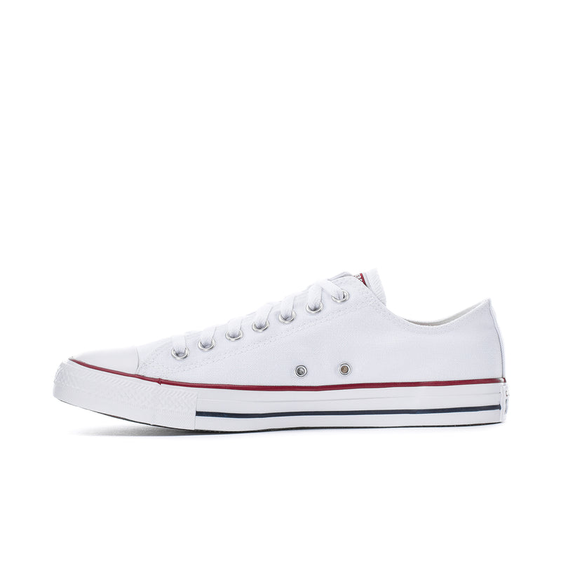 Optical white Converse low-top canvas sneakers, side view with red stripe accent