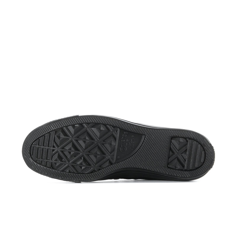 Black rubber outsole with geometric tread pattern and sidewall traction