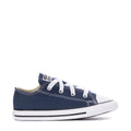 Navy toddler Chuck Taylor ox sneakers, side view with white laces and toe cap