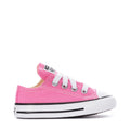 Toddler pink Chuck Taylor low-top sneaker, white laces, rubber toe cap