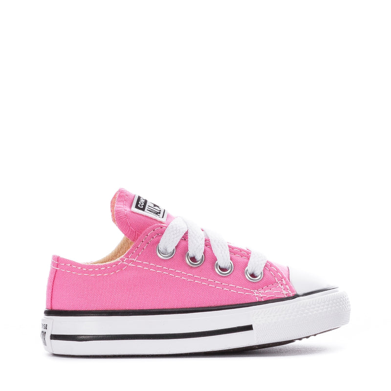 Toddler pink Chuck Taylor low-top sneaker, white laces, rubber toe cap