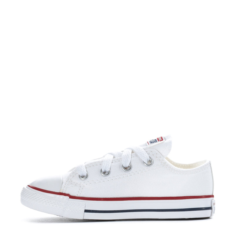 Optical white toddler low-top canvas sneakers, lace-up front and red trim