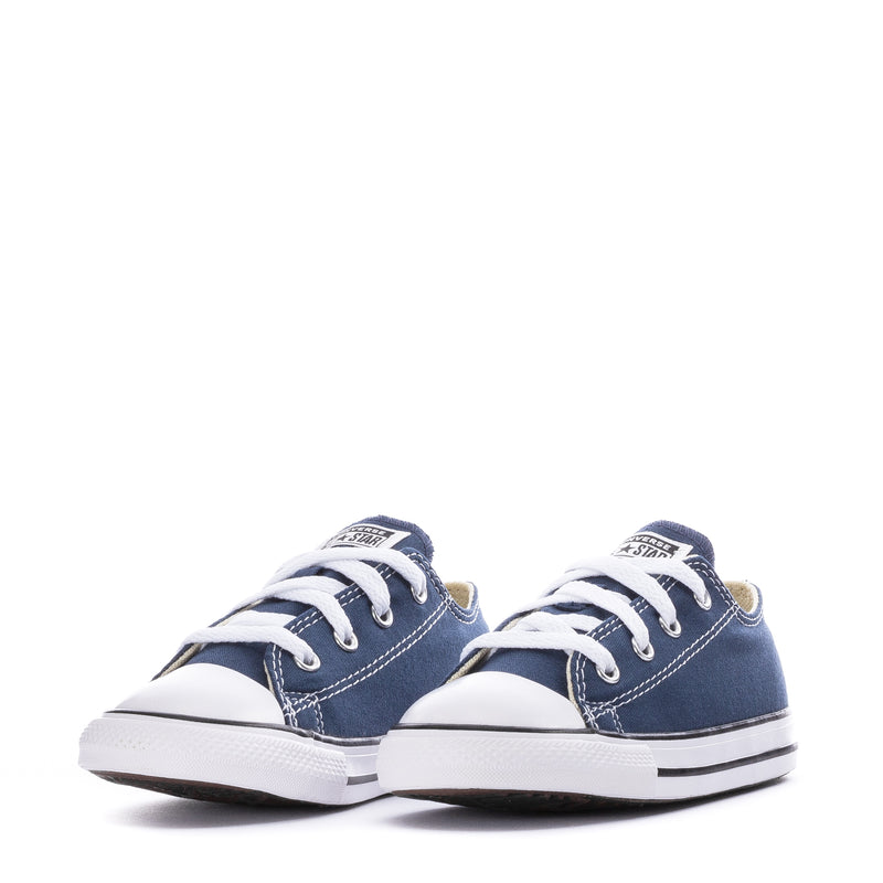 Navy toddler Chuck Taylor ox sneakers, front view pair with white laces