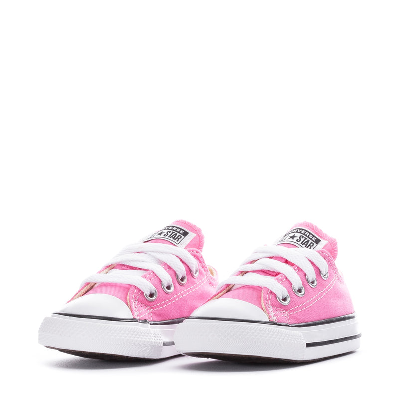 Toddler pink Chuck Taylor low-top sneaker pair, lace-up front view