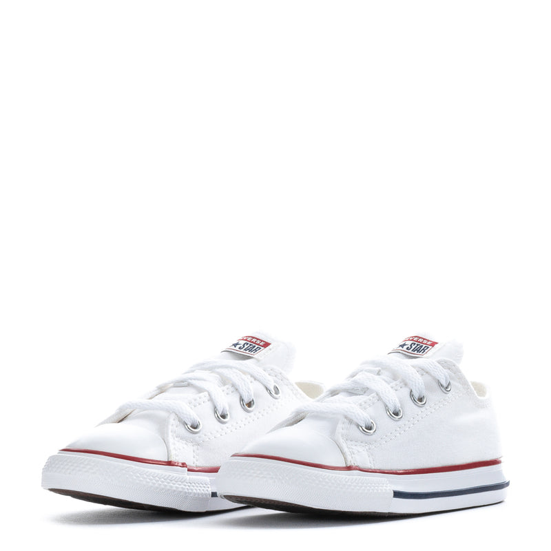 Toddler white canvas low-top sneakers with laces and red/blue sole stripe