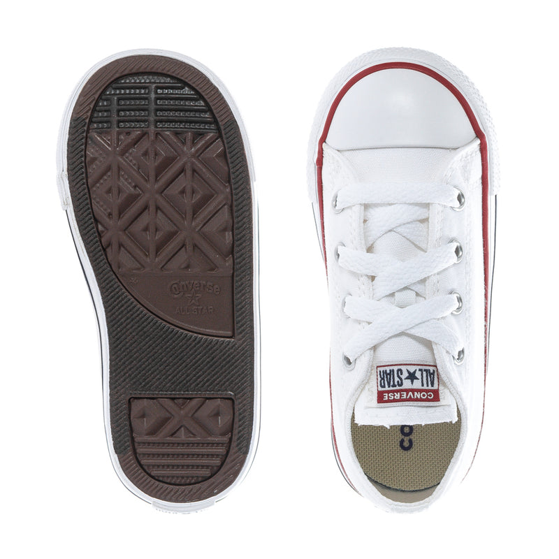 Toddler Converse sneakers outsole and heel view with dark tread and white upper