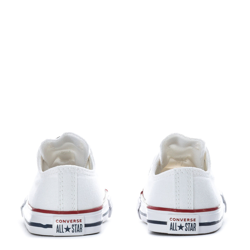 Toddler Converse All Star heel view on white canvas sneakers with red stripe
