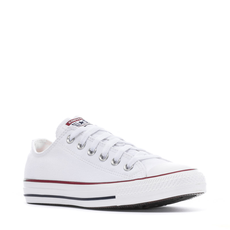 Youth optical white low-top lace-up sneakers with red stripe and black outsole