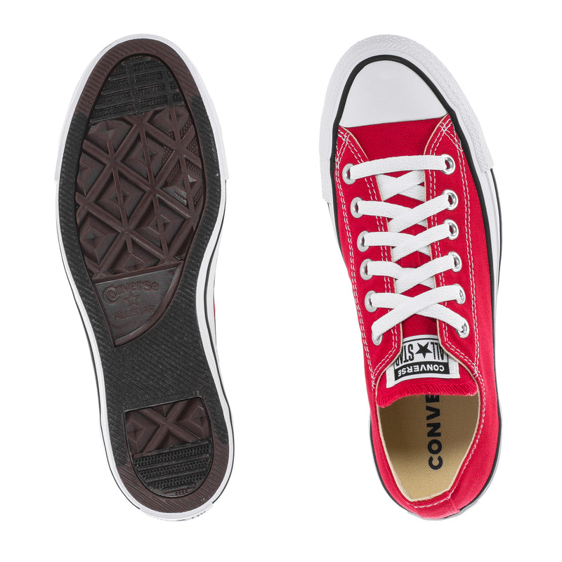 Youth shoe outsole and red interior with white laces, textile upper