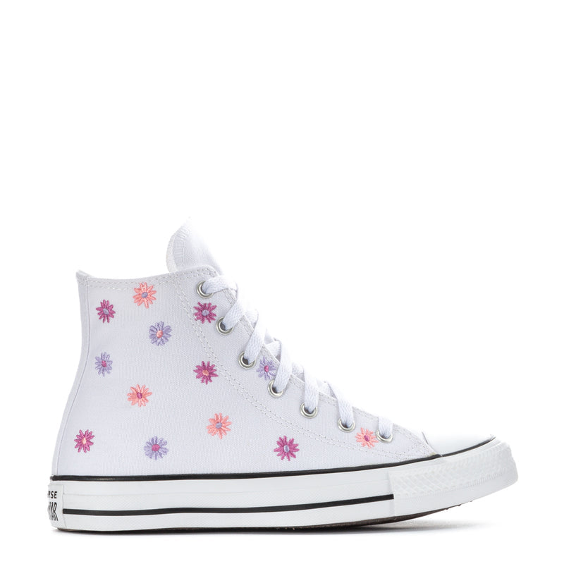 White youth high-top sneakers with pink/purple flower print, lace-up